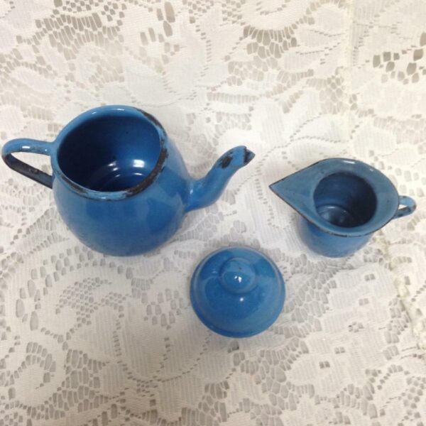 Vintage, 11-pc French Blue Enamelware Child's Tea Set