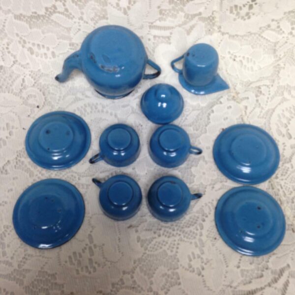 Vintage, 11-pc French Blue Enamelware Child's Tea Set