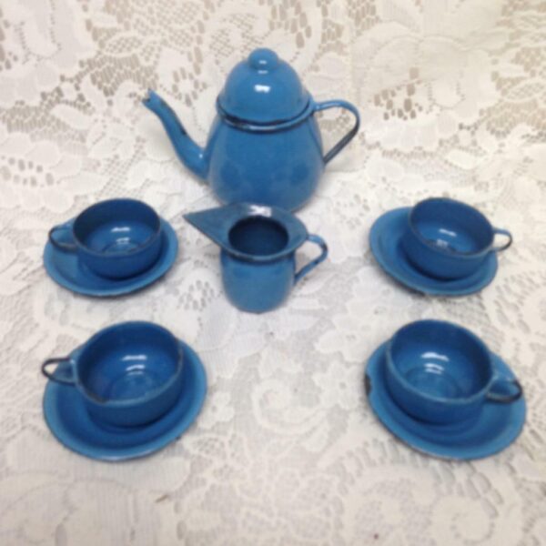 Vintage, 11-pc French Blue Enamelware Child's Tea Set