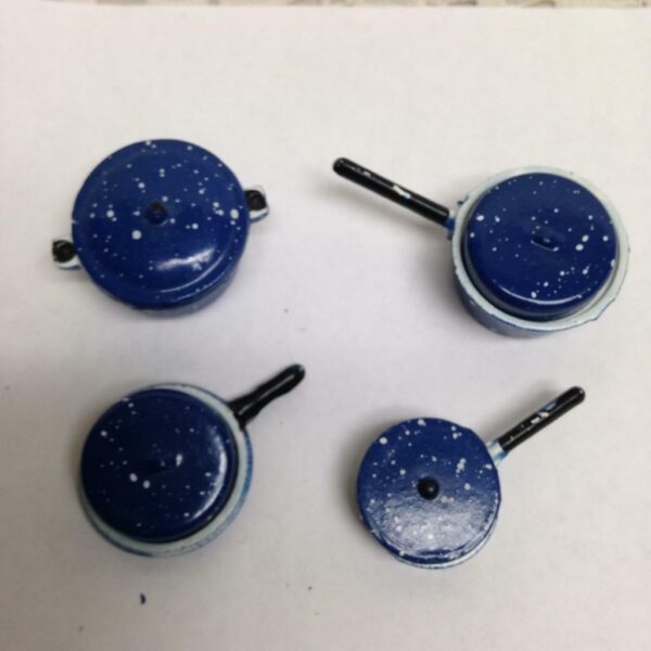 Vintage Doll House Miniatures 8pc Blue Enamelware Cookware with Lid(1in to 3in)