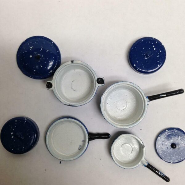 Vintage Doll House Miniatures 8pc Blue Enamelware Cookware with Lid(1in to 3in)