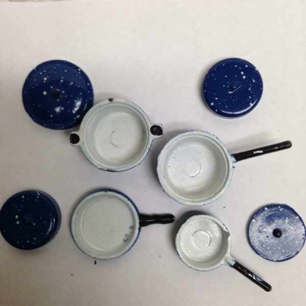 Vintage Doll House Miniatures 8pc Blue Enamelware Cookware with Lid(1in to 3in)