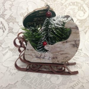 Woodland Lodge Christmas Ornament-Sleigh with Pine Trees 5in x 4in