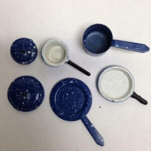 Vintage Doll House Miniatures 6pc Blue Enamelware Cookware with Lid(1in to 3in)