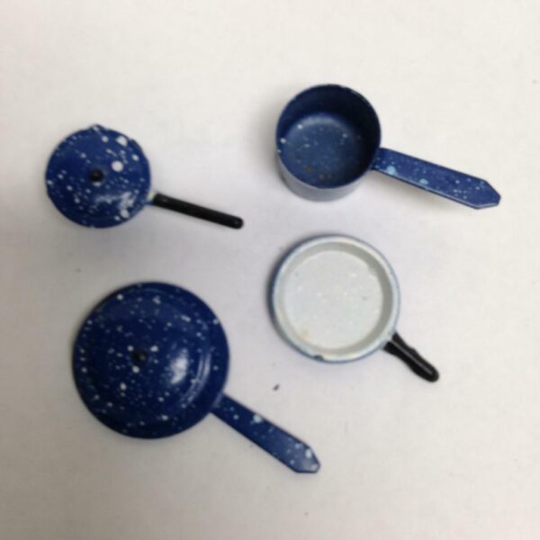 Vintage Doll House Miniatures 6pc Blue Enamelware Cookware with Lid(1in to 3in)