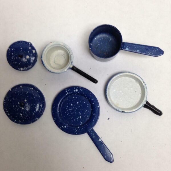 Vintage Doll House Miniatures 6pc Blue Enamelware Cookware with Lid(1in to 3in)