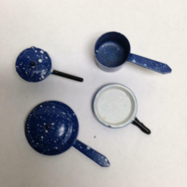 Vintage Doll House Miniatures 6pc Blue Enamelware Cookware with Lid(1in to 3in)