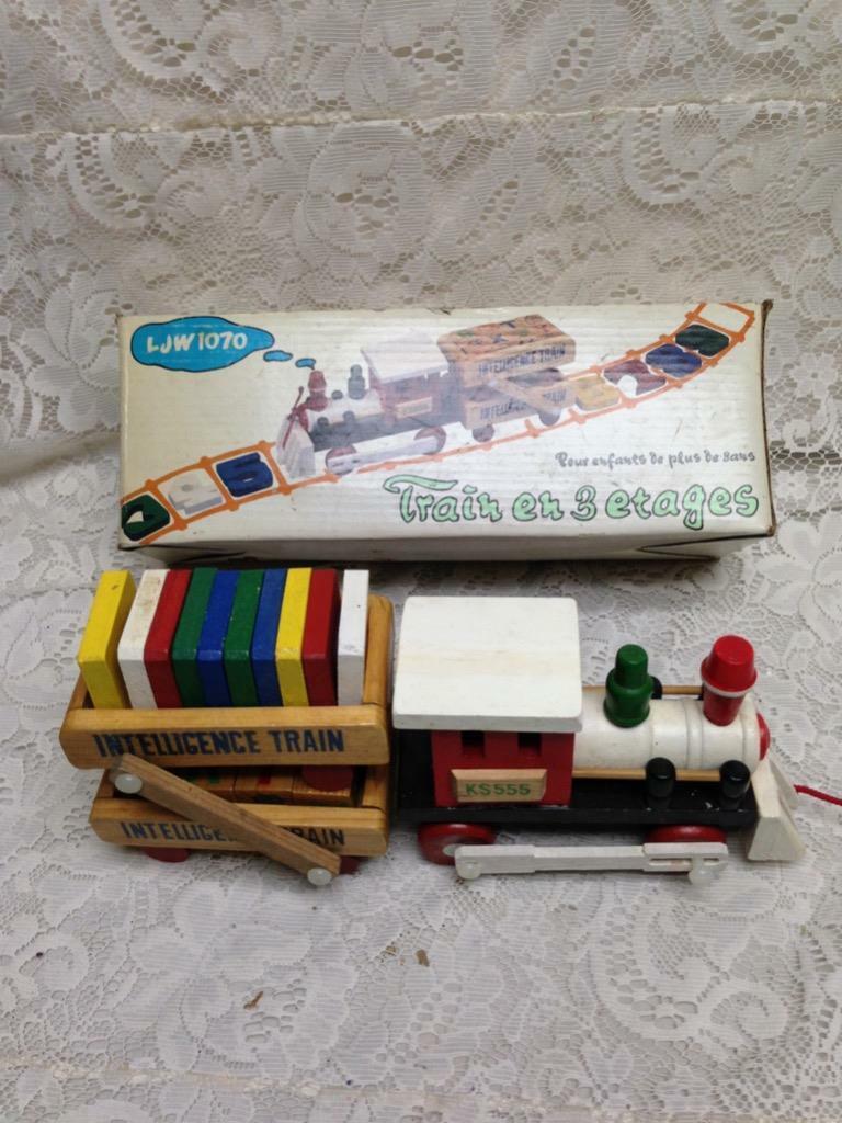 Vintage, Wooden Double Decker Intelligence Train with Original Box 13inx5in4in