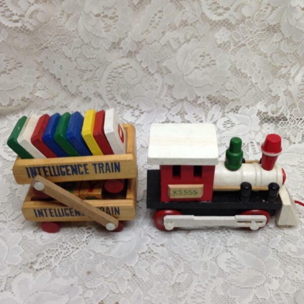 Vintage, Wooden Double Decker Intelligence Train with Original Box 13inx5in4in