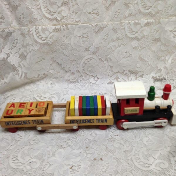 Vintage, Wooden Double Decker Intelligence Train with Original Box 13inx5in4in