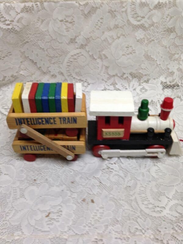 Vintage, Wooden Double Decker Intelligence Train with Original Box 13inx5in4in