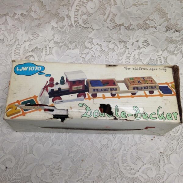 Vintage, Wooden Double Decker Intelligence Train with Original Box 13inx5in4in