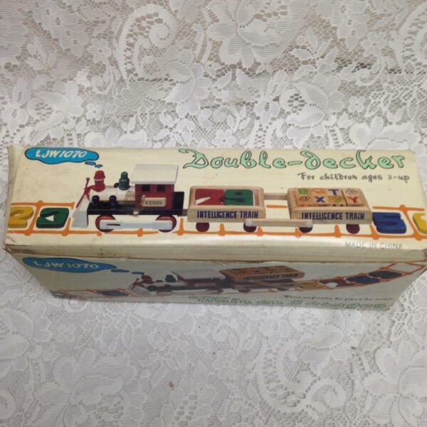 Vintage, Wooden Double Decker Intelligence Train with Original Box 13inx5in4in