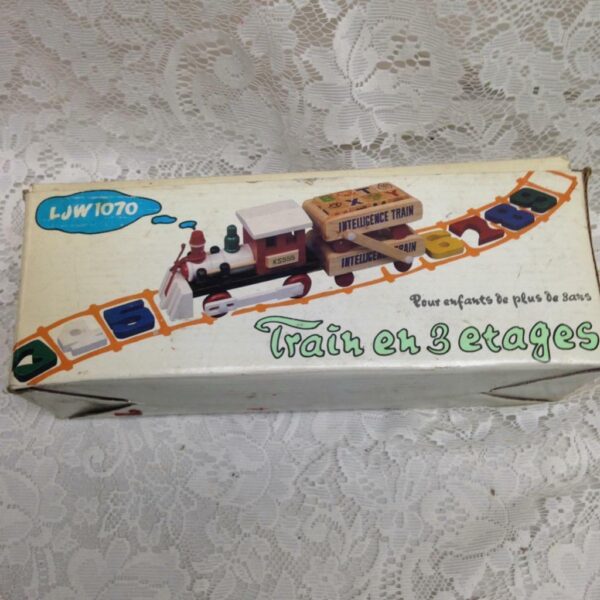 Vintage, Wooden Double Decker Intelligence Train with Original Box 13inx5in4in