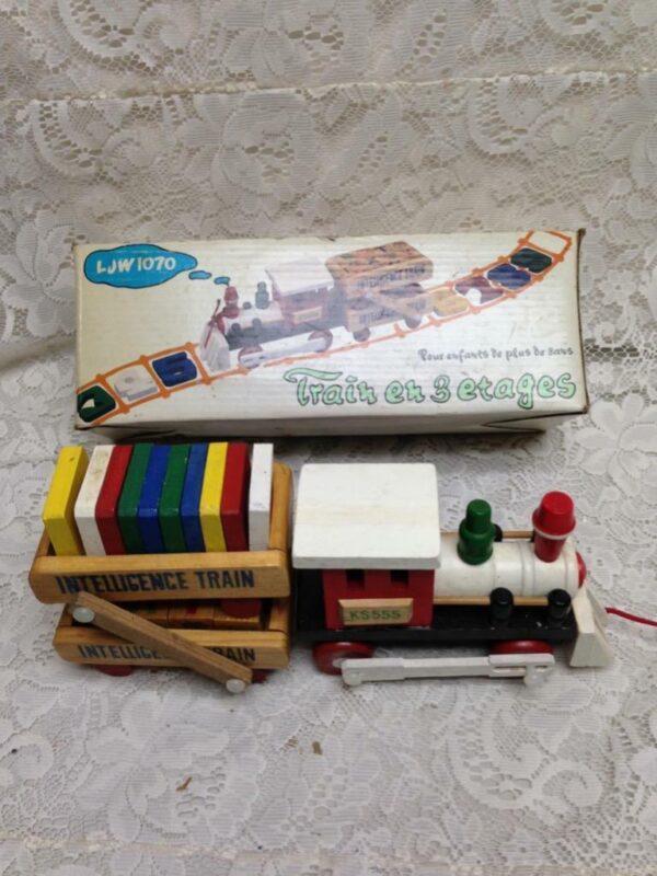 Vintage, Wooden Double Decker Intelligence Train with Original Box 13inx5in4in