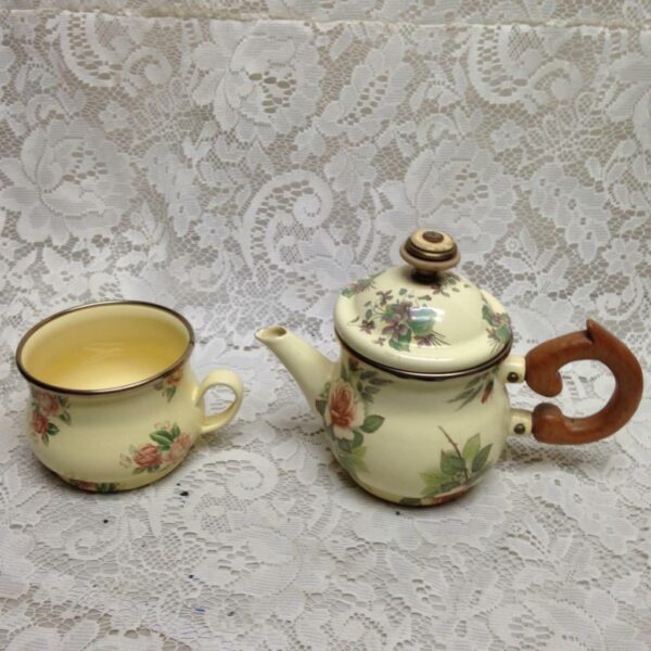 1995 Camp MacKenzie Childs Ltd Yellow Floral Enamelware 3pcTea Set