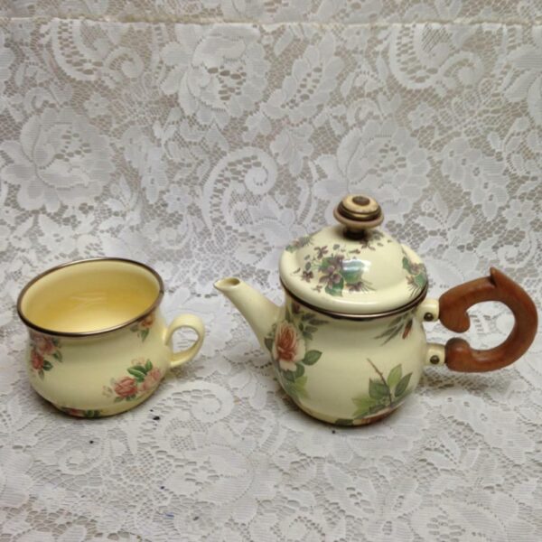 1995 Camp MacKenzie Childs Ltd Yellow Floral Enamelware 3pcTea Set