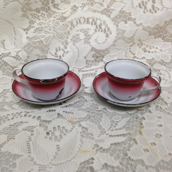 Antique, Rare, Flow Red - White Enamelware, 4pc Childs Cup and Saucer