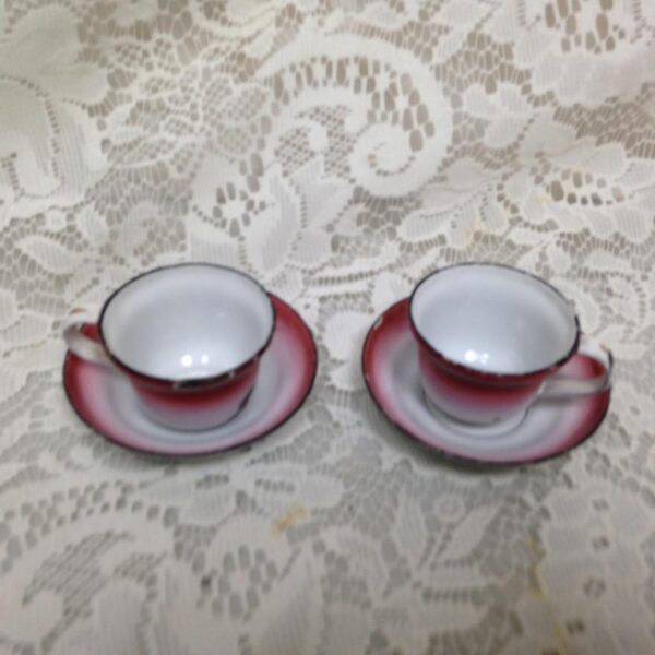 Antique, Rare, Flow Red - White Enamelware, 4pc Childs Cup and Saucer