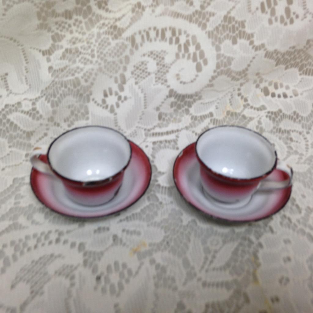 Antique, Rare, Flow Red – White Enamelware, 4pc Childs Cup and Saucer