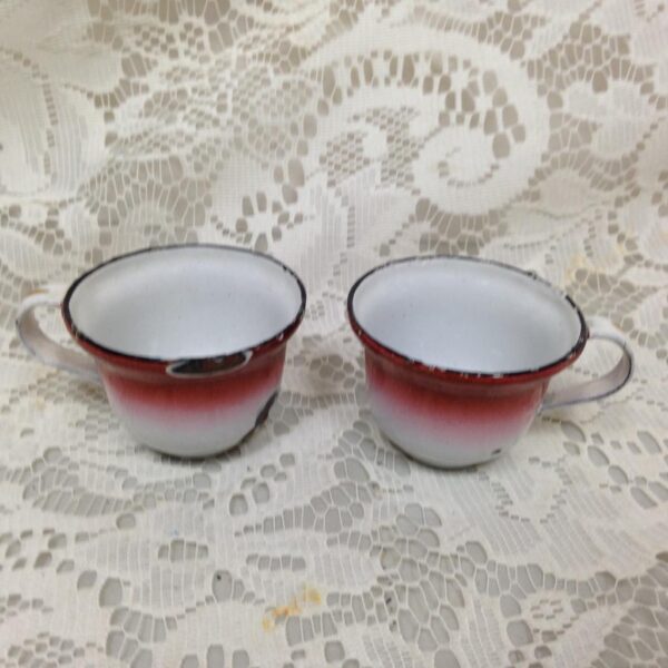 Antique, Rare, Flow Red - White Enamelware, 4pc Childs Cup and Saucer