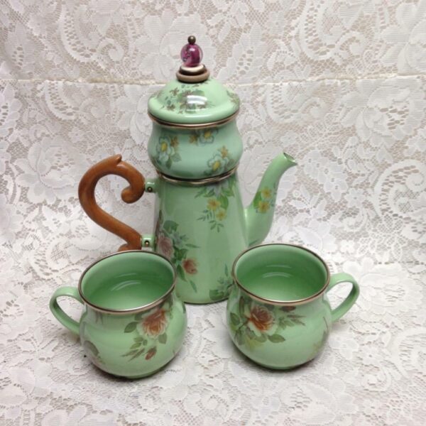 Vintage Victoria and Richard MacKenzie Childs Green Floral Enamelware 5pcTea Set