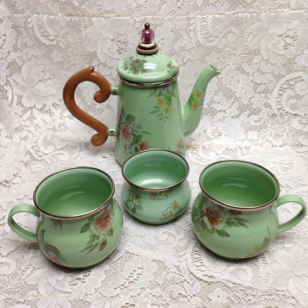 Vintage Victoria and Richard MacKenzie Childs Green Floral Enamelware 5pcTea Set