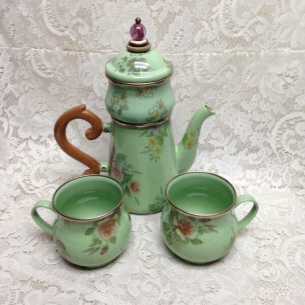 Vintage Victoria and Richard MacKenzie Childs Green Floral Enamelware 5pcTea Set