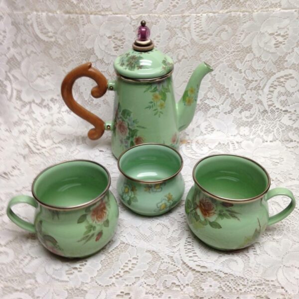 Vintage Victoria and Richard MacKenzie Childs Green Floral Enamelware 5pcTea Set