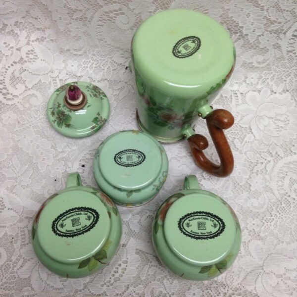 Vintage Victoria and Richard MacKenzie Childs Green Floral Enamelware 5pcTea Set