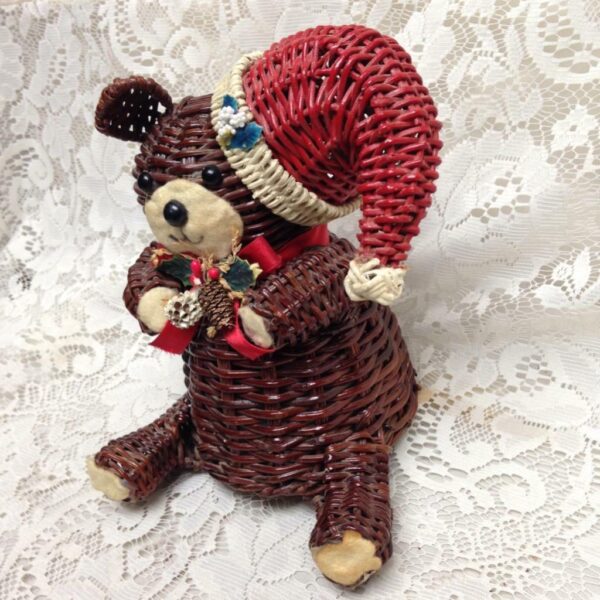 Vintage, Figural Christmas Bear Wicker Santa 9in x 7in