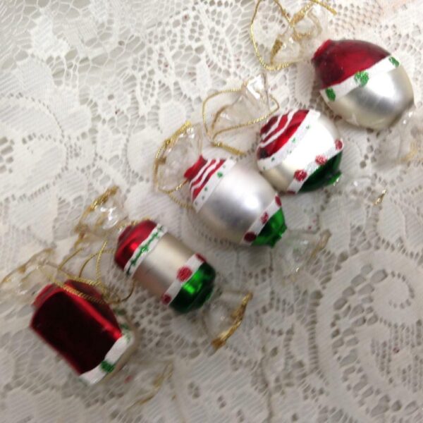 Vintage, Rare, 5pc Christmas Wrapped Candy Glass Ornaments- 3.5 in