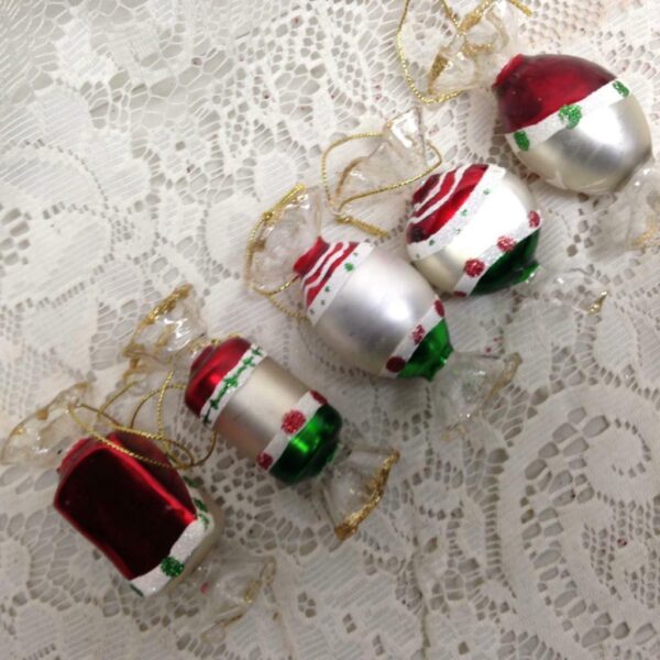 Vintage, Rare, 5pc Christmas Wrapped Candy Glass Ornaments- 3.5 in