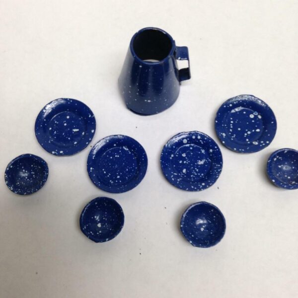 Vintage Doll House Miniatures, 9pc Blue Enamelware Tea-Coffee Set (1in to 1.5in)