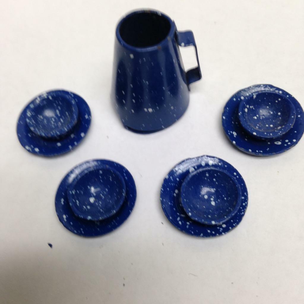 Vintage Doll House Miniatures, 9pc Blue Enamelware Tea-Coffee Set (1in to 1.5in)