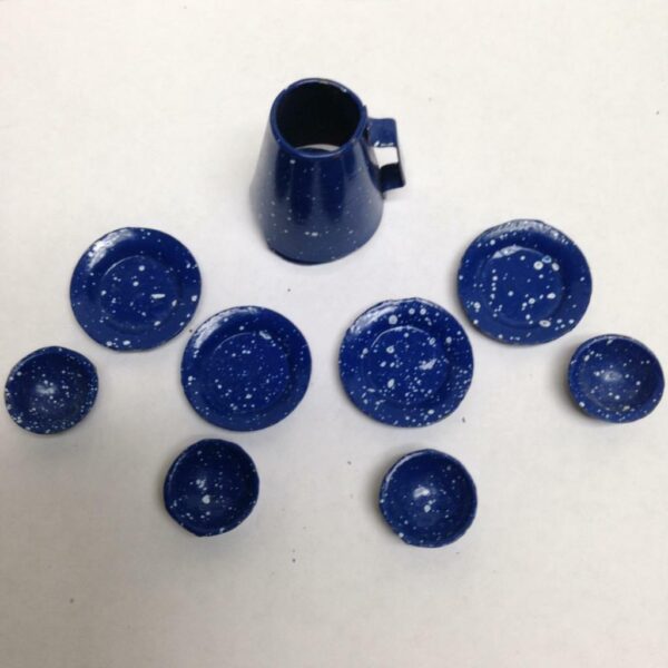 Vintage Doll House Miniatures, 9pc Blue Enamelware Tea-Coffee Set (1in to 1.5in)