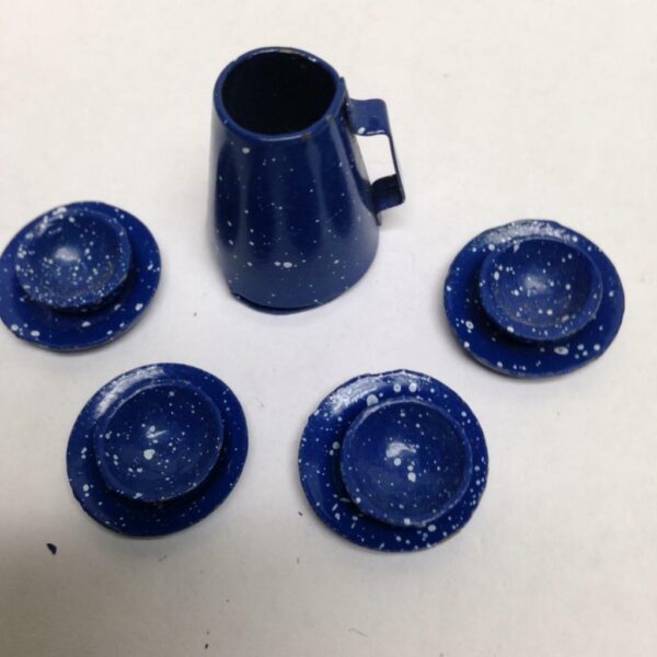 Vintage Doll House Miniatures, 9pc Blue Enamelware Tea-Coffee Set (1in to 1.5in)