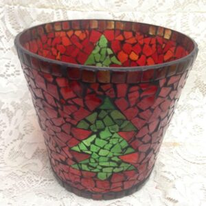 Colorful, Leaded Red Mosaic Christmas Tree Vase 7.5in x 8in