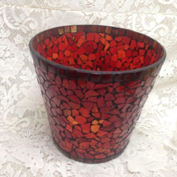 Colorful, Leaded Red Mosaic Christmas Tree Vase 7.5in x 8in