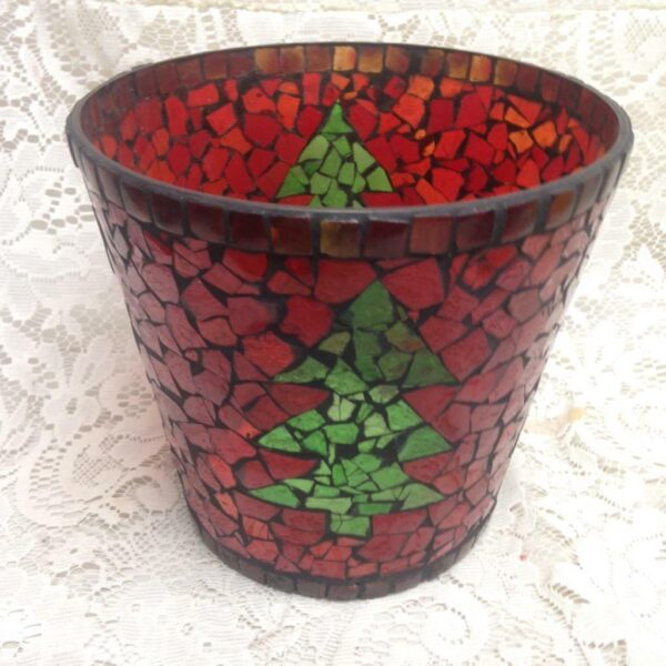 Colorful, Leaded Red Mosaic Christmas Tree Vase 7.5in x 8in