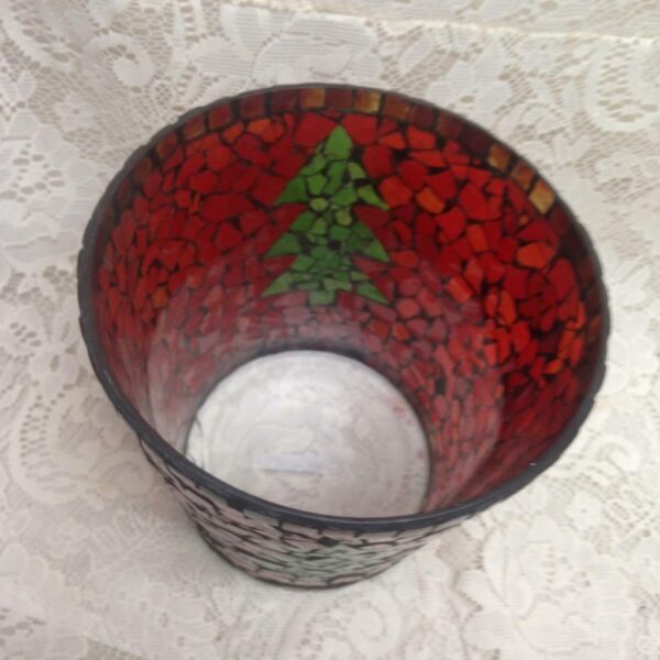 Colorful, Leaded Red Mosaic Christmas Tree Vase 7.5in x 8in