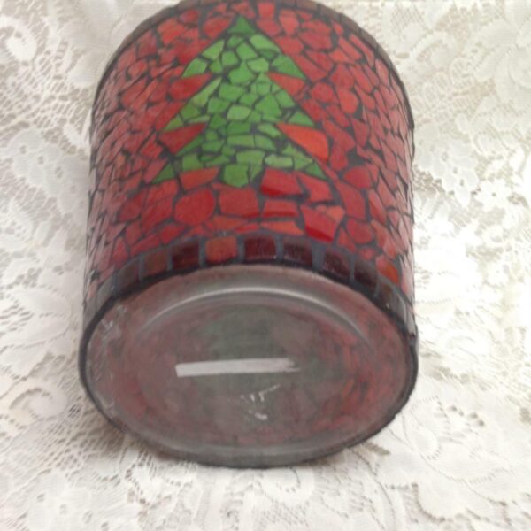 Colorful, Leaded Red Mosaic Christmas Tree Vase 7.5in x 8in