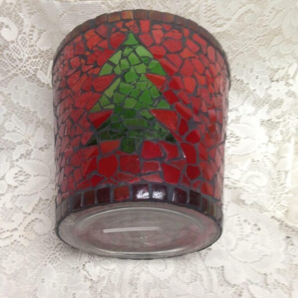 Colorful, Leaded Red Mosaic Christmas Tree Vase 7.5in x 8in