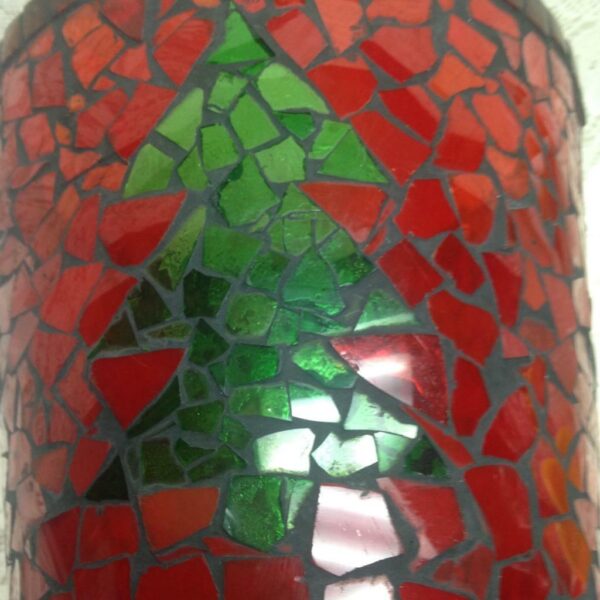 Colorful, Leaded Red Mosaic Christmas Tree Vase 7.5in x 8in