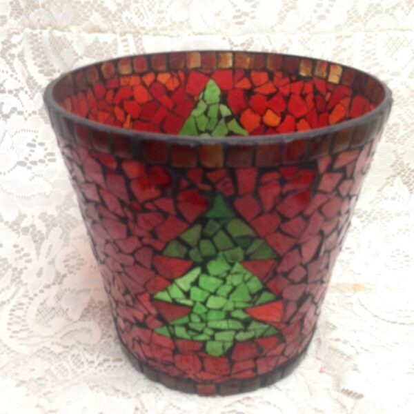 Colorful, Leaded Red Mosaic Christmas Tree Vase 7.5in x 8in