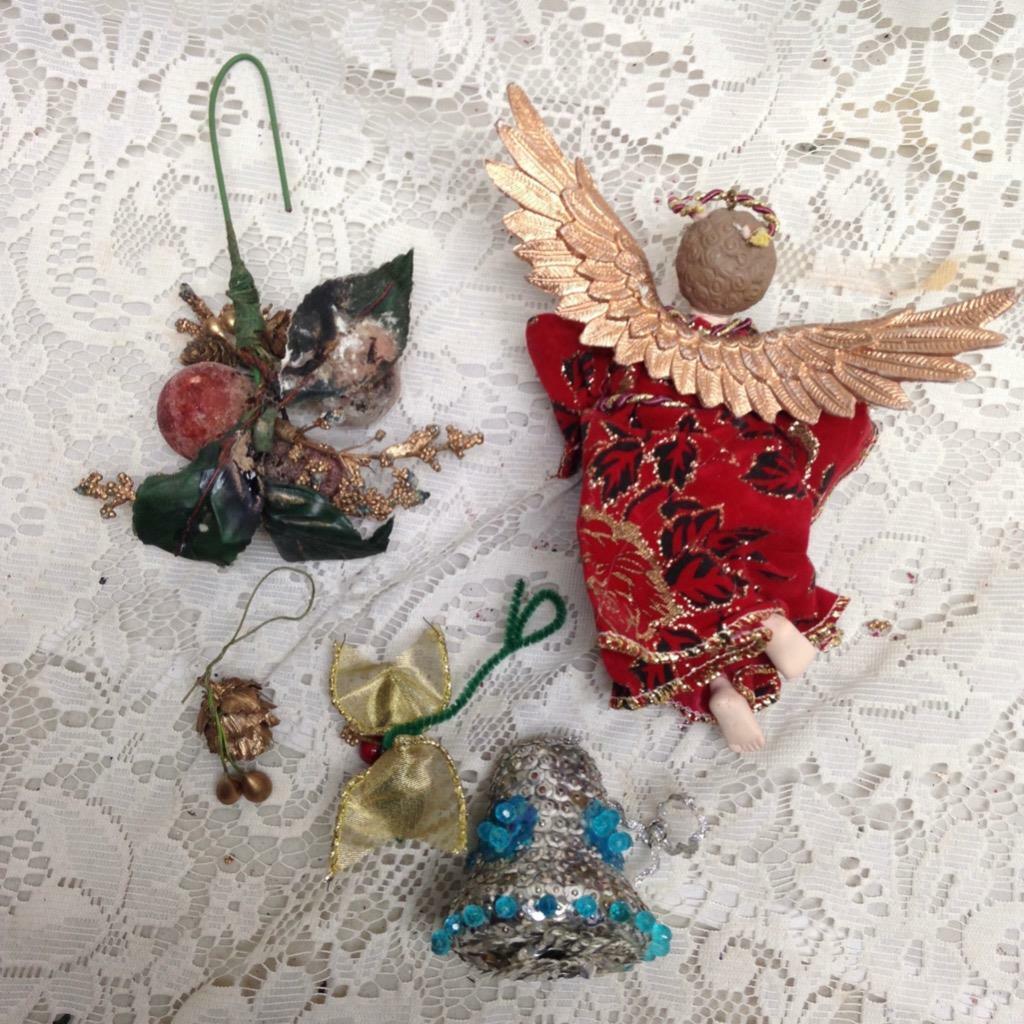 Vintage, Rare, 5pc Christmas Ornaments- Bell, Angel, Boy, etc. 6.5in to 2.5in