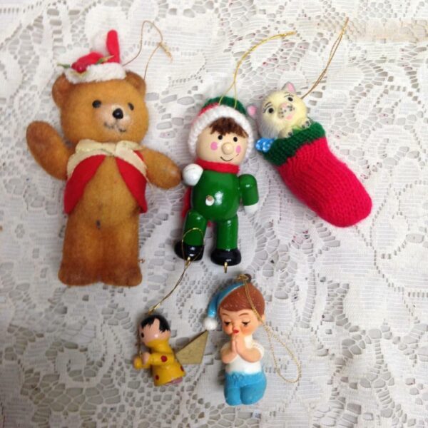 Vintage, Rare, 5pc Christmas Ornaments- Bear, Angel, Boy, Cat 4.5in to 2in