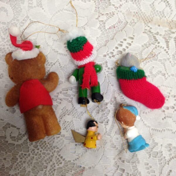 Vintage, Rare, 5pc Christmas Ornaments- Bear, Angel, Boy, Cat 4.5in to 2in