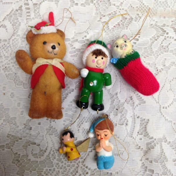 Vintage, Rare, 5pc Christmas Ornaments- Bear, Angel, Boy, Cat 4.5in to 2in