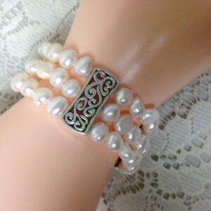 Elegant 3 Strands of Real Iridescent White Pearls 7in Stretchable Bracelet